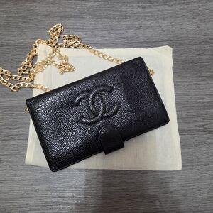 CHANEL Black Caviar Leather CC Wallet on Gold Chain Crossbody